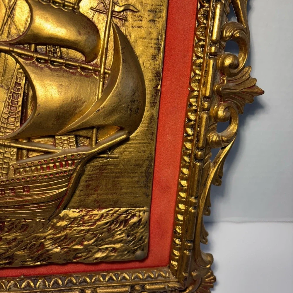 VTG Ornately Framed Schooner Ship Italy Red Velvet Matte Wall Hanging Goldtone